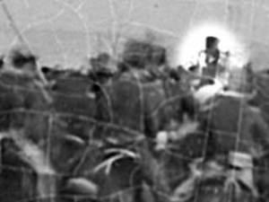 Enhanced image from Alexander Gardiner photo of Gettysburg Dedication Ceremonies taken on Nov. 19, 1863. Is this Abraham Lincoln in the stovetop hat?
