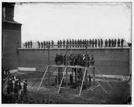 The Lincoln conspirators are prepared for execution at the Washington Arsenal Penitentiary on July 7, 1865.